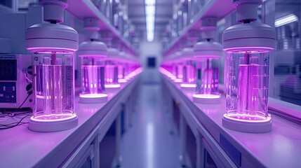 Poster - Biopharmaceutical laboratory with a purple-themed setting, featuring high-tech equipment and a focus on cell amplification.