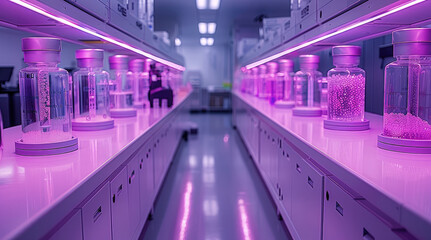 Poster - Biopharmaceutical laboratory with a purple-themed setting, featuring high-tech equipment and a focus on cell amplification.
