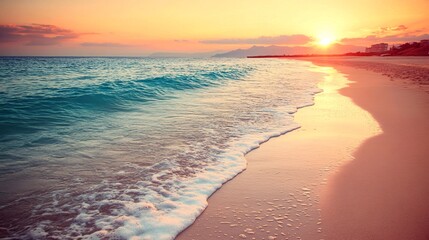 Fototapete - Gentle waves lapping on a quiet sandy beach with a pink and orange sunset reflecting on the water for a serene coastal scene with side empty space for text Stockphoto style