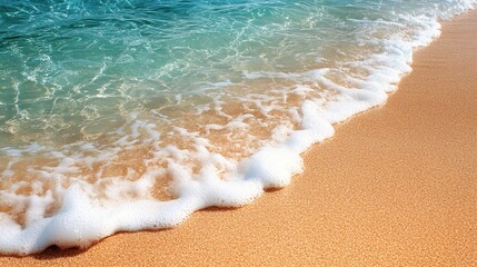 Fototapete - Gentle waves lapping on a quiet sandy beach with a pink and orange sunset reflecting on the water for a serene coastal scene with side empty space for text Stockphoto style