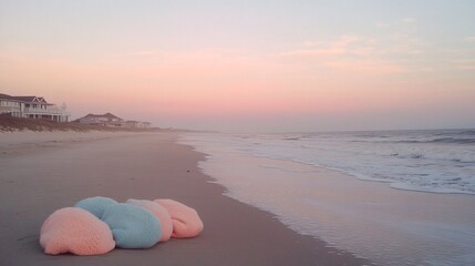Fototapete - Gentle waves lapping on a quiet sandy beach with a pink and orange sunset reflecting on the water for a serene coastal scene with side empty space for text Stockphoto style