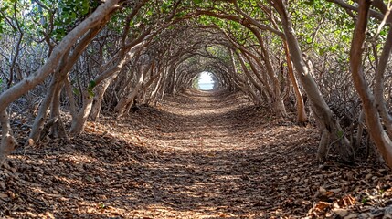 Wall Mural - Pathway through a dense green forest with sunlight filtering through the trees for a sense of peace and tranquility with side empty space for text Stockphoto style