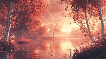 Fototapete - A still lake surrounded by autumn trees with leaves in shades of orange and red reflecting in the calm water with side empty space for text Stockphoto style