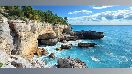 Sticker - Rocky shoreline with waves gently splashing against the rocks under a clear blue sky for a serene coastal scene with side empty space for text Stockphoto style