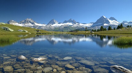Fototapete - Alpine lake with clear water reflecting snow-capped mountains under a cloudless sky capturing pure tranquility with side empty space for text Stockphoto style
