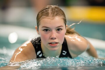 Wall Mural - Young woman swimming laps in an indoor pool wearing a swimsuit