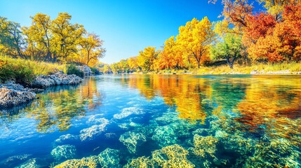 Fototapete - Quiet river bend with clear water and a view of trees in early autumn colors reflecting on the surface with side empty space for text Stockphoto style