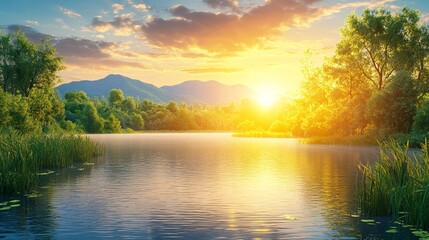 Fototapete - Row of pine trees along a peaceful lake with still water and a mountain backdrop under a soft sky with side empty space for text Stockphoto style