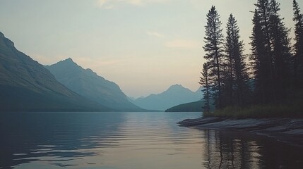 Fototapete - Row of pine trees along a peaceful lake with still water and a mountain backdrop under a soft sky with side empty space for text Stockphoto style