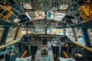 Wall Mural - pilot's control panel and instruments, with a blue sky outside