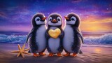 three chubby baby penguins standing close togethe orange feet, and small beaks. They hold a love and friendship, while a starfish filled with purple and blue hues