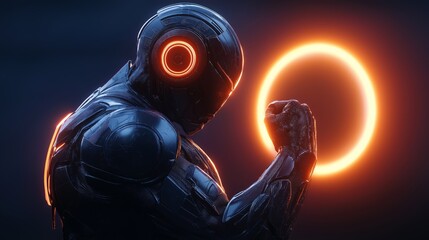 Poster - Futuristic Robot with Glowing Orange Circle, Symbolizing Power, Advanced Technology, and Cybernetic Innovation, Generative AI