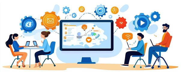 Wall Mural - teamwork and collaboration in a digital workplace.