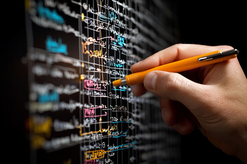 Wall Mural - A person is holding digital pen, making notes on vibrant, illuminated board filled with colorful diagrams and text. scene conveys sense of creativity and focus