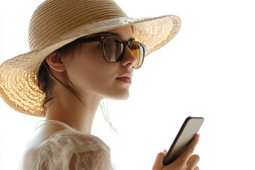 Poster - A woman looks at her cell phone while wearing a hat and sunglasses