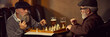 © master1305 - Two elderly men enjoying quiet game of chess and glasses of beer in cozy bar. Relaxed senior lifestyle. Concept of elderly people lifestyle, drinks, retro fashion