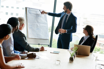 Poster - Workshop, whiteboard and people in office for business, corporate website improvement and information in meeting. Man speaker, brainstorming and company team in presentation with planning for growth