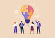 © nadzeya26 - Business Discussion Concept. Contemporary flat style vector illustration of diverse standing people in business suits discussing an idea in the form of light bulb made of puzzle pieces.