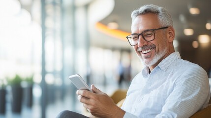 Wall Mural - A man is sitting on a chair and smiling while looking at his cell phone