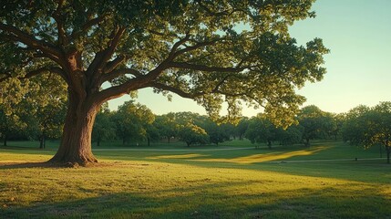 Poster - Majestic oak tree casting shadows on a lush green field under a clear blue sky.