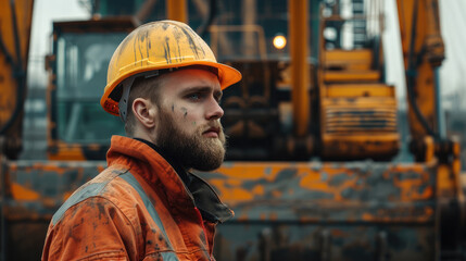 Fototapete - A worker in a hard hat and clean clothes on the background of an excavator bucket.
