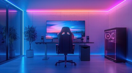 Poster - White room with cool white led Down lights, black desk against the wall, with 2 monitors and gaming pc, surrounded by blue and purple led strips, black minimalist gaming chair.