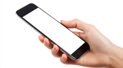 Hand Holding Smartphone: A close-up shot of a hand holding a sleek black smartphone with a blank white screen, ready for your message or app display.  