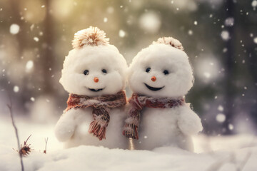 Two little cute snowmen side by side in the snow