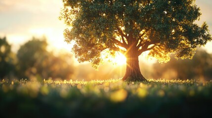 Poster - Beautiful tree basking in sunlight during golden hour, nature's tranquility.
