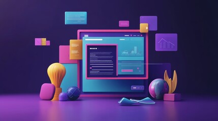 Wall Mural - concept of assembling a web page from modules that fly around the display. the web design studio con