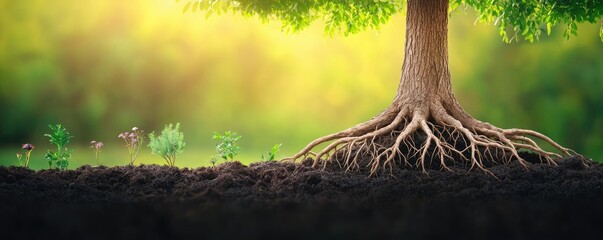 Poster - Tree roots in soil, lush foliage above, nature, vibrant green, serene environment.