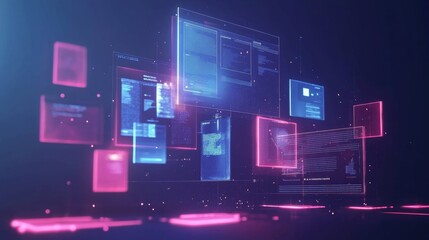 Wall Mural - concept of assembling a web page from modules that fly around the display. the web design studio con