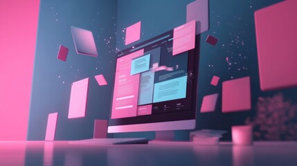 Wall Mural - concept of assembling a web page from modules that fly around the display. the web design studio con