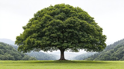 Poster - Vibrant green tree on a wide open field, surrounded by distant hills.