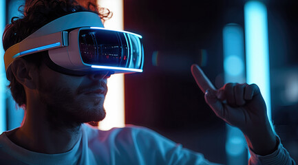 Poster - A man wearing virtual reality glasses, pressing a side button with his finger.