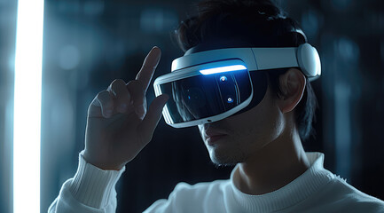 Poster - A man wearing virtual reality glasses, pressing a side button with his finger.
