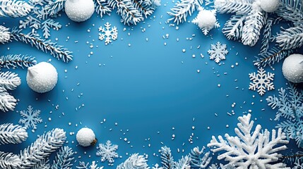 Aufkleber - White snowflakes on a blue background, flat lay, copy space concept for a winter season design template banner. Christmas decoration and New Year celebration.
