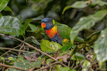 Wall Mural - A vibrant bird sits atop a dense forest, surrounded by foliage and greenery