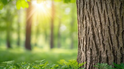 Poster - Close up of a tree trunk with sun rays shining through lush green foliage.