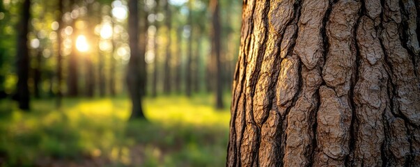 Poster - Close-up of tree bark with sunlight filtering through forest, soft focus background.