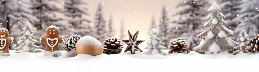Wall Mural - golden christmas balls, gingerbread pieces and pine cones in a row covered with snow on white backgr