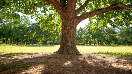 Poster - Large tree with lush green leaves casting shadows on the ground.
