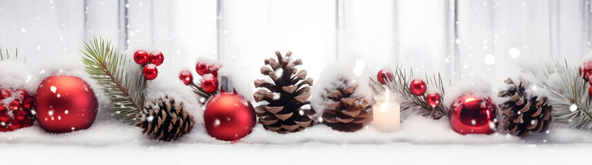 Wall Mural - red christmas burning candles, balls, baubles and pine cones and branches in a row covered with snow