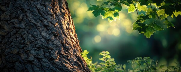 Poster - Close-up of tree bark and vibrant green leaves, softly lit in nature's glow.