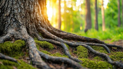 Poster - Tree roots covered in moss with sunlight filtering through the forest.
