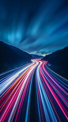 Aufkleber - Vibrant light trails of vehicles on a highway at dusk, captured in a stunning long exposure photograph with a dramatic sky and silhouetted hills as the backdrop