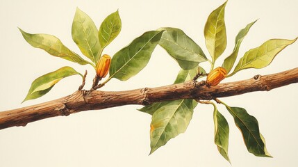 explore the beauty of a botanical watercolor depicting a cinnamon tree branch with curled leaves