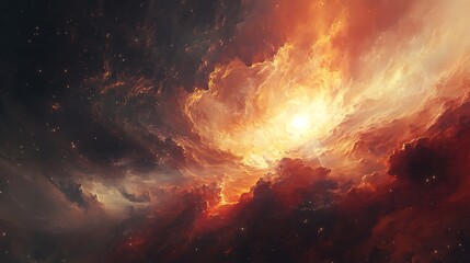 fiery nebula in space with bright central light source and swirling clouds.