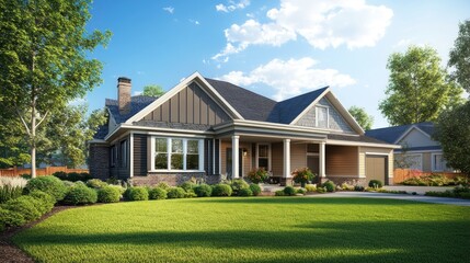 Modern Farmhouse Design with a Green Lawn and Blue Sky