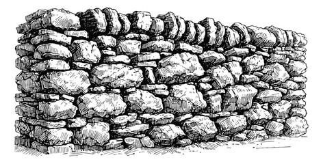 Wall Mural - stone wall engraving black and white outline